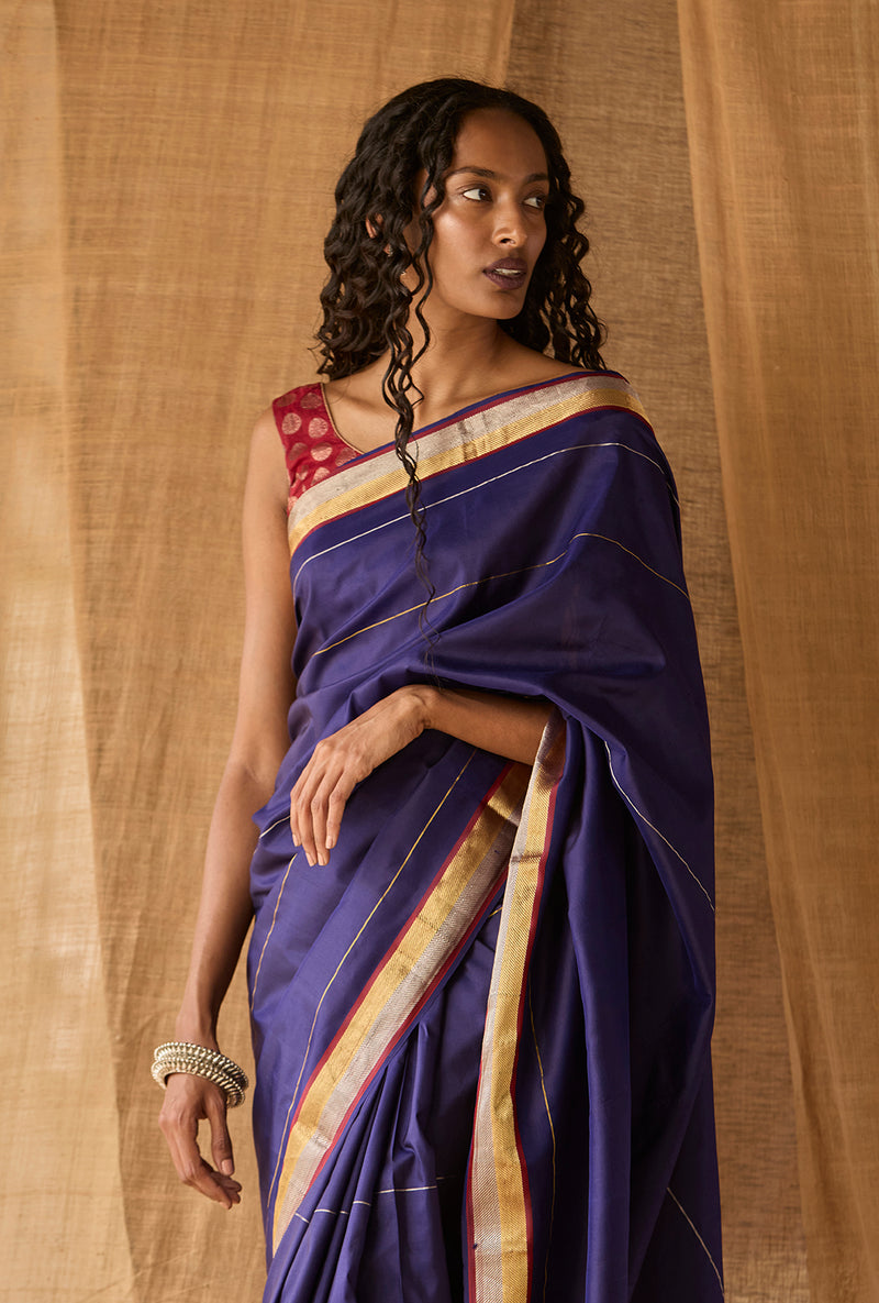 Hosa Aramba Silk - Royal Blue/Gold And Silver Border