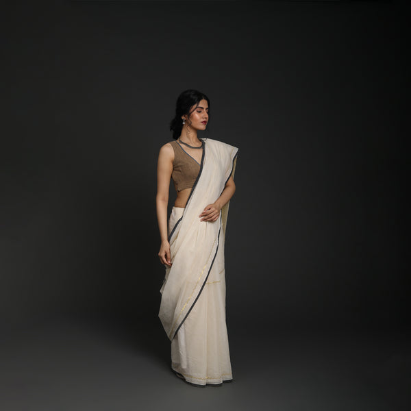 Venkatagiri Chevron 3 Cotton White With Black Selvedge