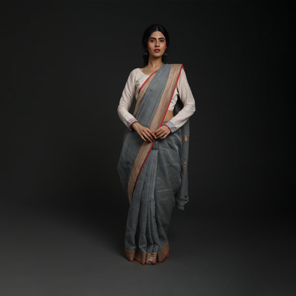 Red Lillies Water Birds - Venkatagiri Cotton - Grey