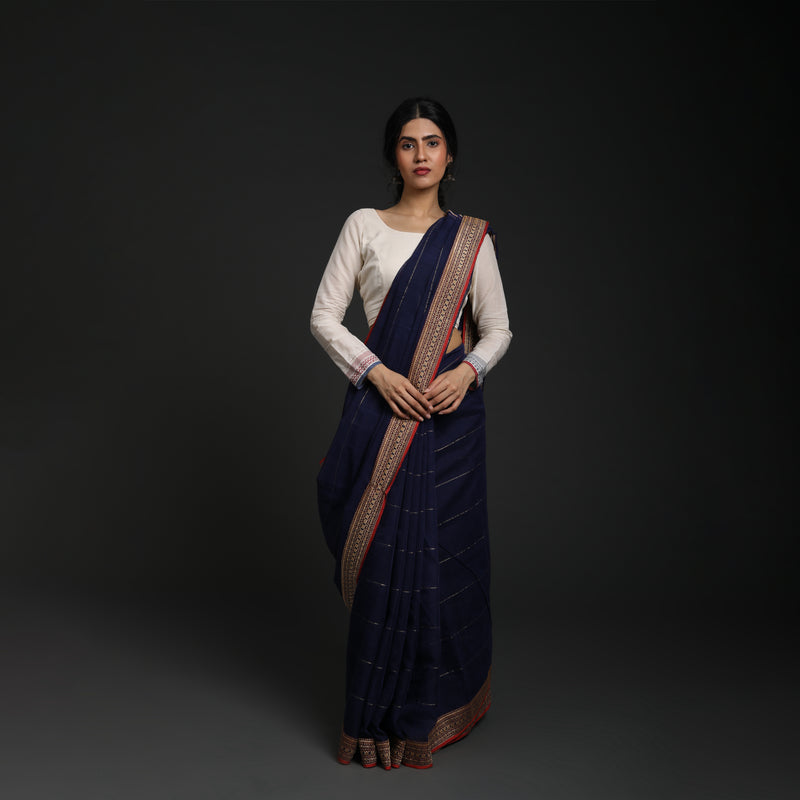 Red Lillies Water Birds - Venkatagiri Cotton - Indigo