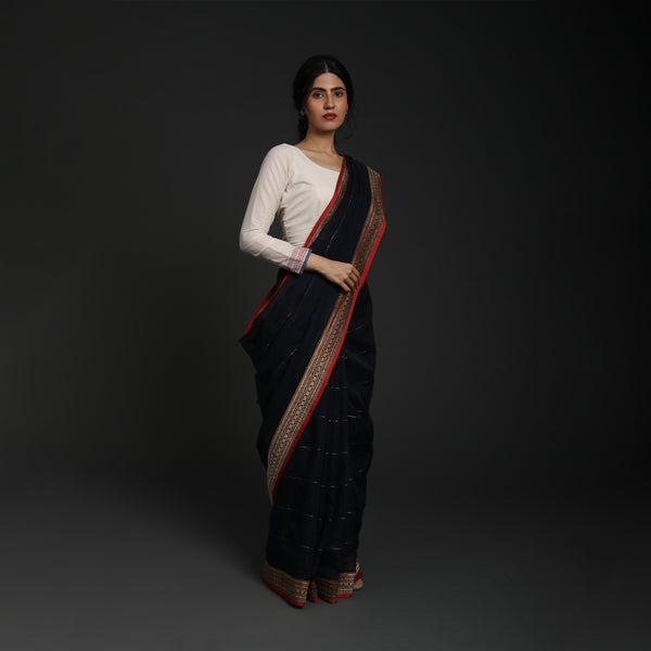 Red Lillies Water Birds - Venkatagiri Cotton - Midnight Blue