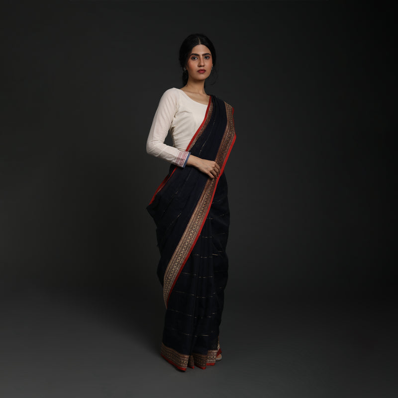 Red Lillies Water Birds - Venkatagiri Cotton - Midnight Blue