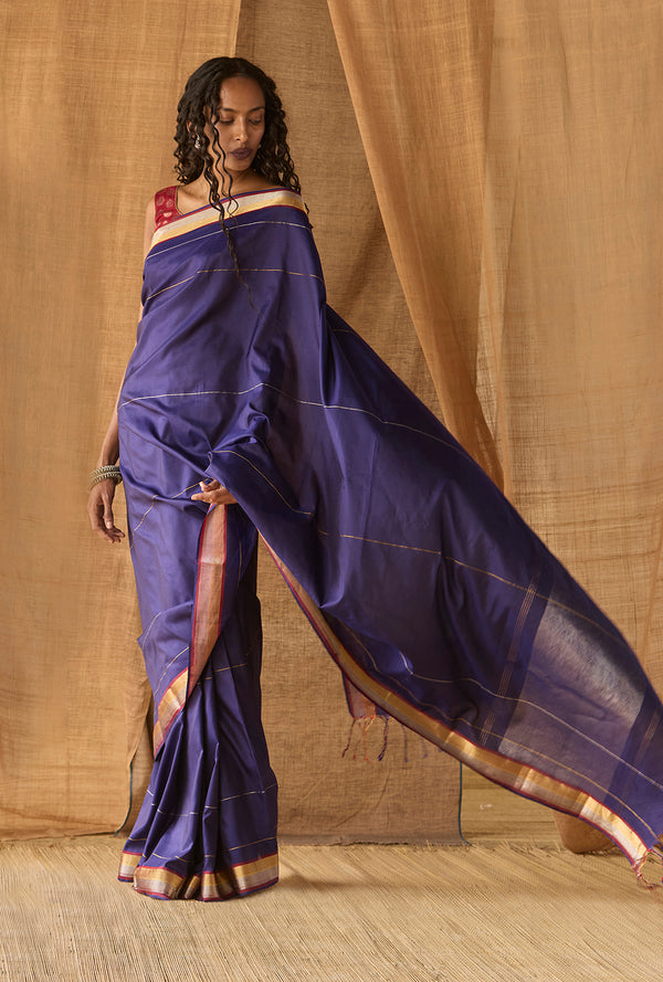 Hosa Aramba Silk - Royal Blue/Gold And Silver Border