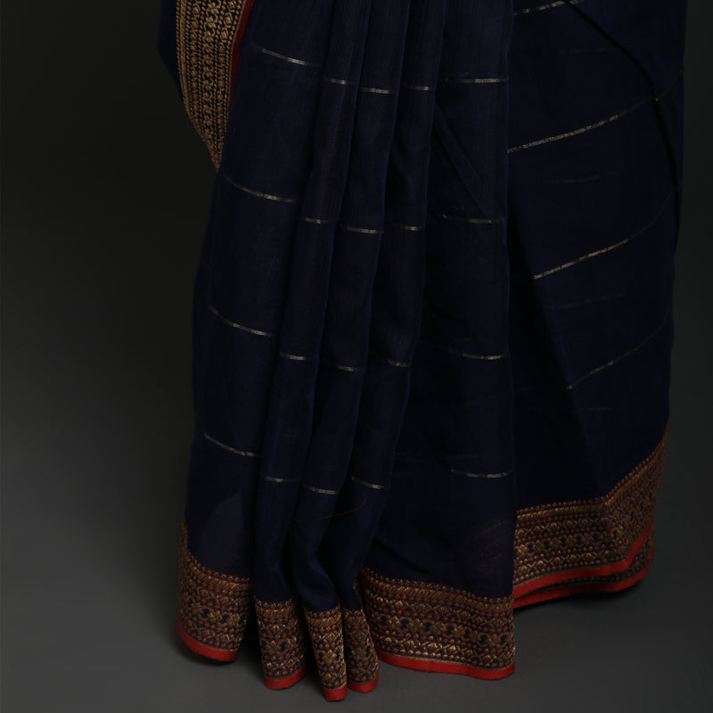 Red Lillies Water Birds - Venkatagiri Cotton - Indigo
