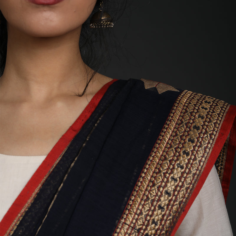 Red Lillies Water Birds - Venkatagiri Cotton - Midnight Blue