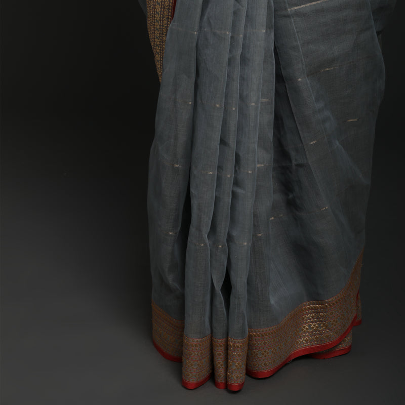 Red Lillies Water Birds - Venkatagiri Cotton - Grey
