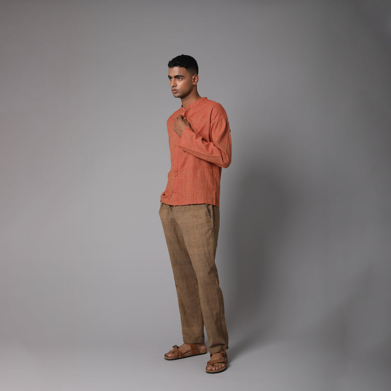 Mandarin Full Sleeve Brown Cotton