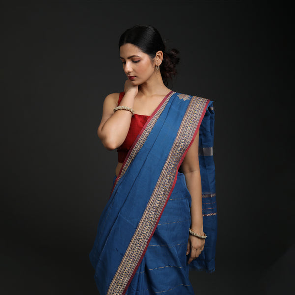 Red Lillies Water Birds - Venkatagiri Cotton - Light Blue
