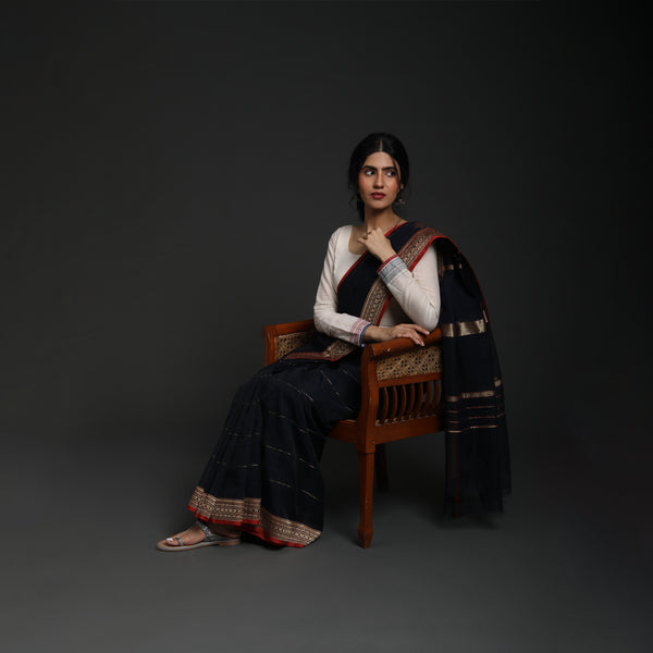 Red Lillies Water Birds - Venkatagiri Cotton - Midnight Blue