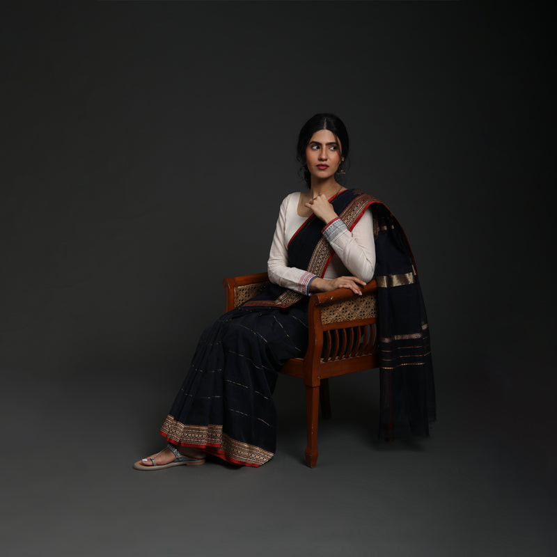 Red Lillies Water Birds - Venkatagiri Cotton - Midnight Blue