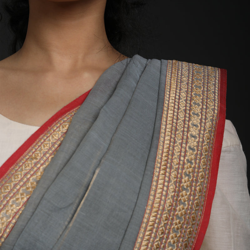 Red Lillies Water Birds - Venkatagiri Cotton - Grey