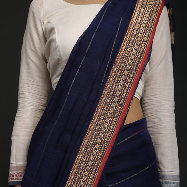 Red Lillies Water Birds - Venkatagiri Cotton - Indigo