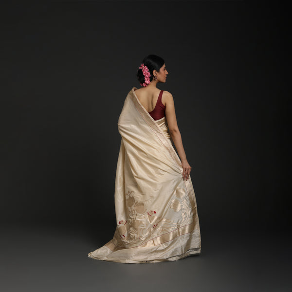 Red Lillies Water Birds Parrot Silk - Off White