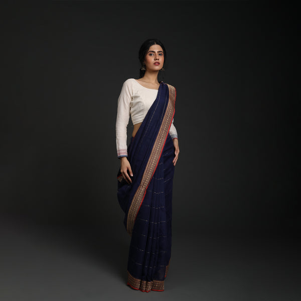 Red Lillies Water Birds - Venkatagiri Cotton - Indigo