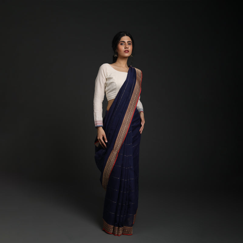 Red Lillies Water Birds - Venkatagiri Cotton - Indigo