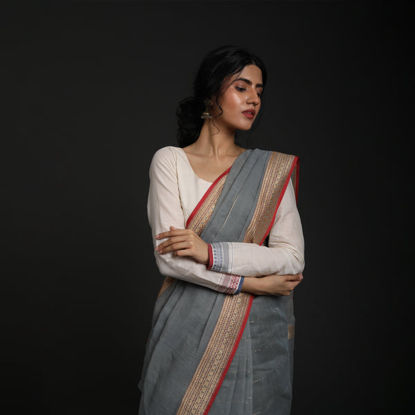 Red Lillies Water Birds - Venkatagiri Cotton - Grey