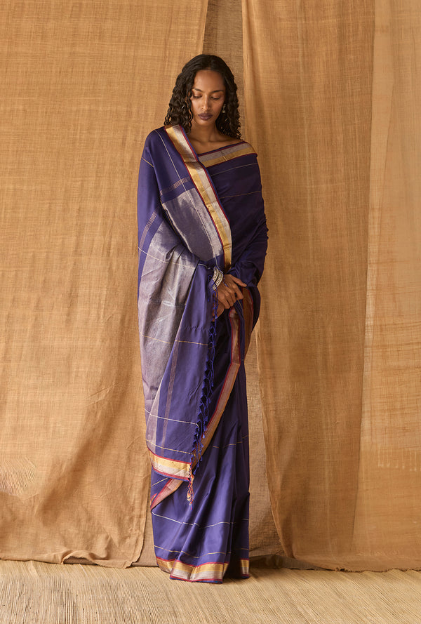 Hosa Aramba Silk - Royal Blue/Gold And Silver Border