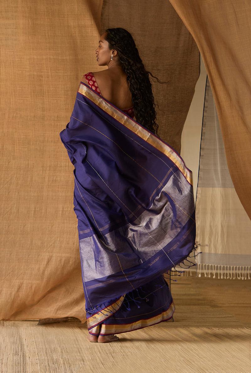 Hosa Aramba Silk - Royal Blue/Gold And Silver Border