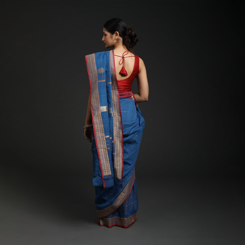 Red Lillies Water Birds - Venkatagiri Cotton - Light Blue