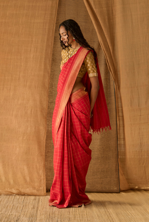 Kanjeevaram Red with Zari Checks