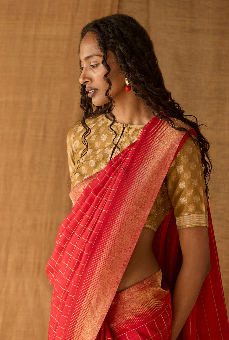 Kanjeevaram Red with Zari Checks