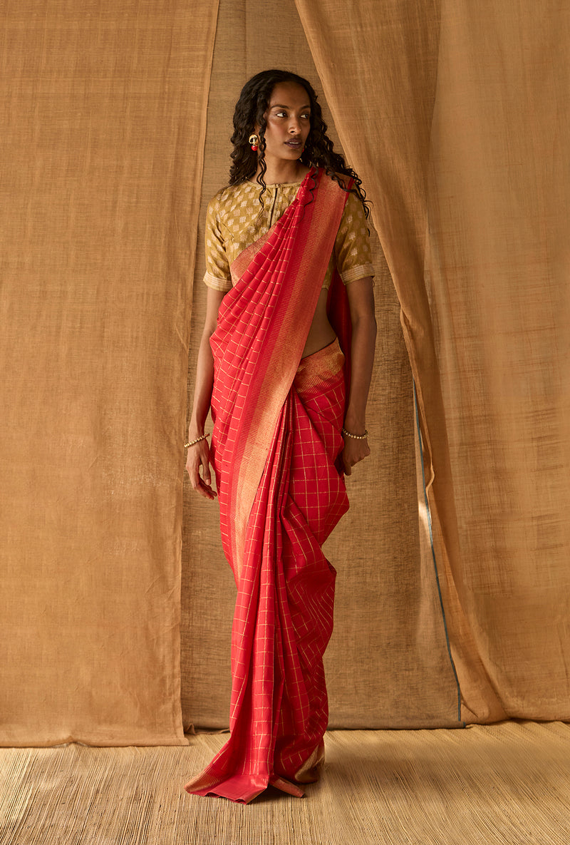 Kanjeevaram Red with Zari Checks
