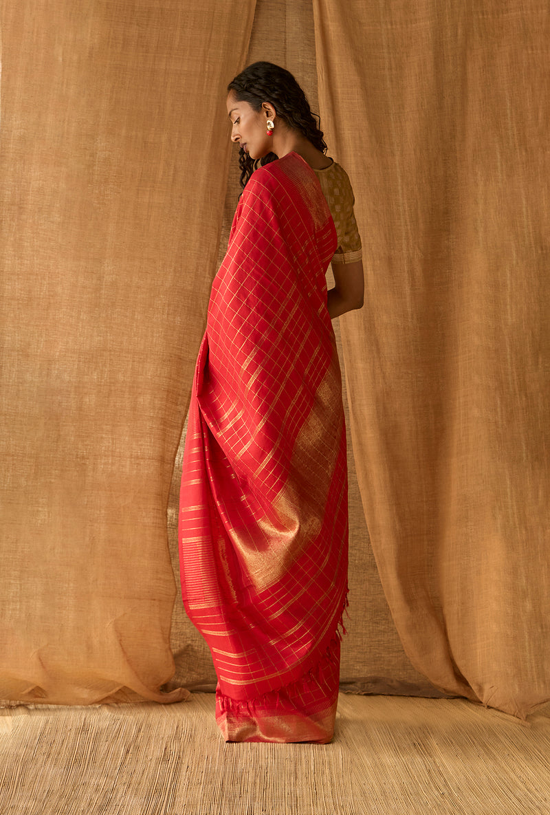 Kanjeevaram Red with Zari Checks