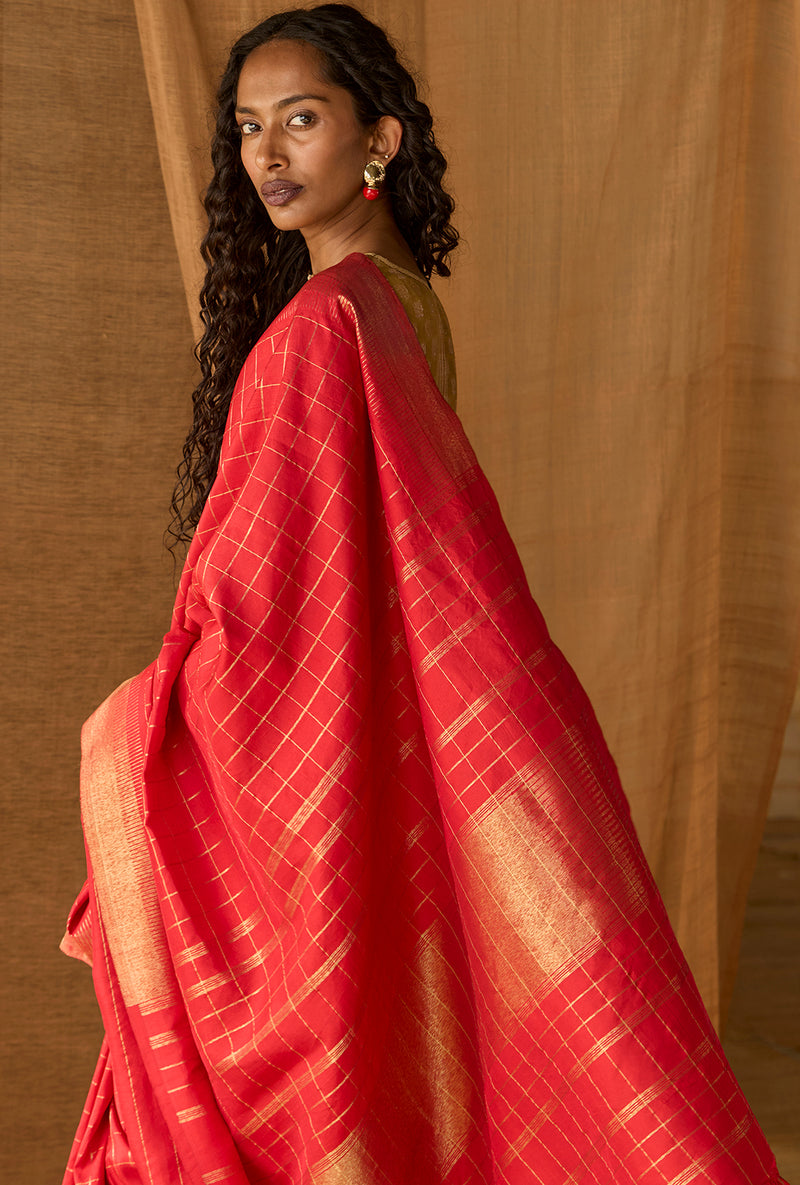 Kanjeevaram Red with Zari Checks