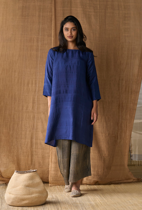 Boat Neck Dress Silk - Indigo