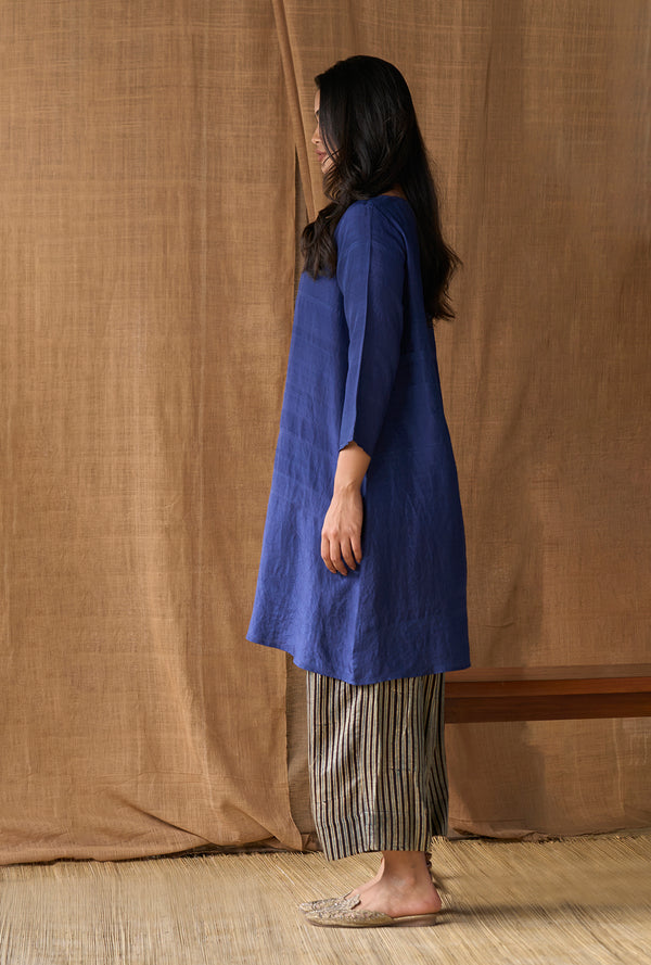 Boat Neck Dress Silk - Indigo