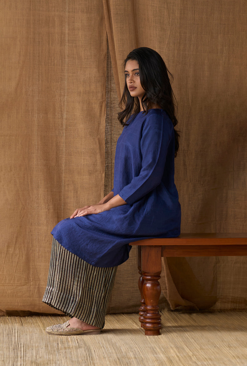 Boat Neck Dress Silk - Indigo