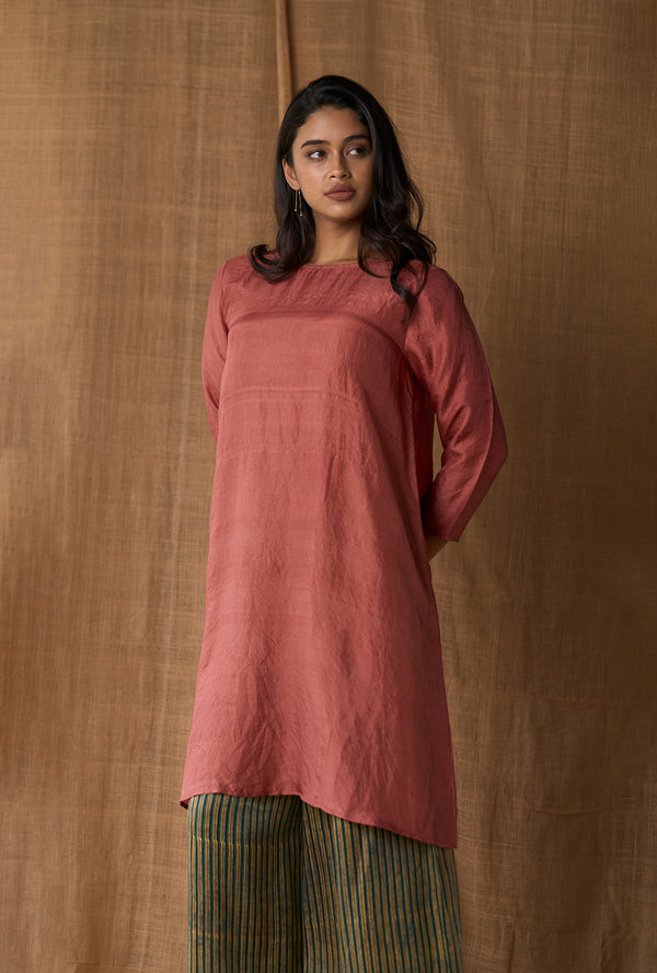 Boat Neck Dress Silk - Rust