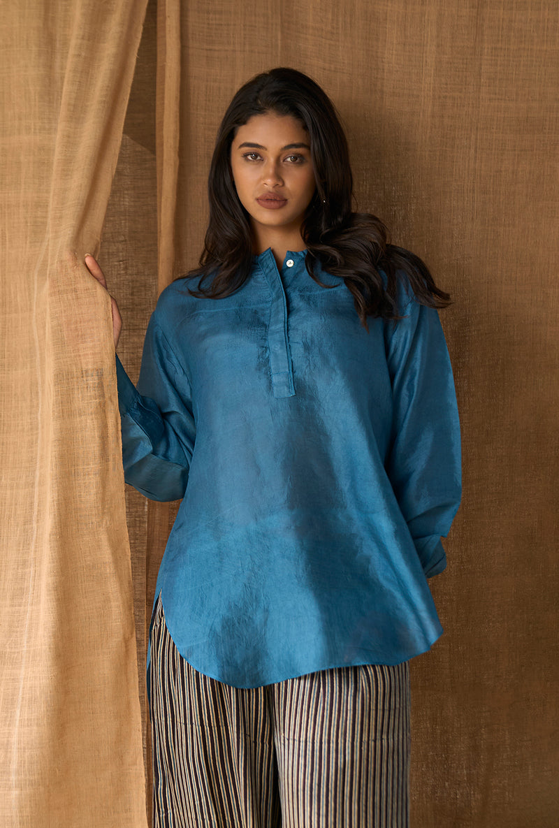 High Slit Top- Petrol Blue